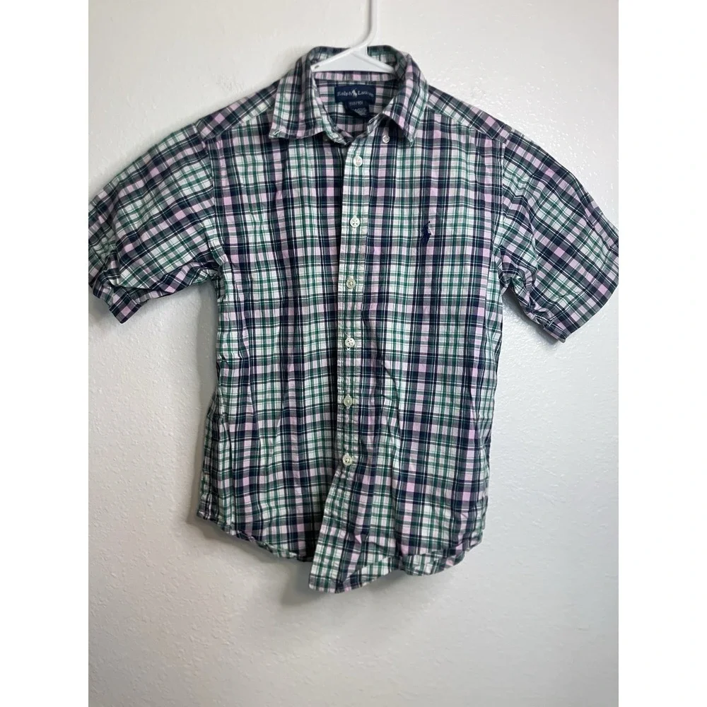 Ralph Lauren Kids Plaid Button Down Shirt Size S Green Pink Navy Short Sleeve